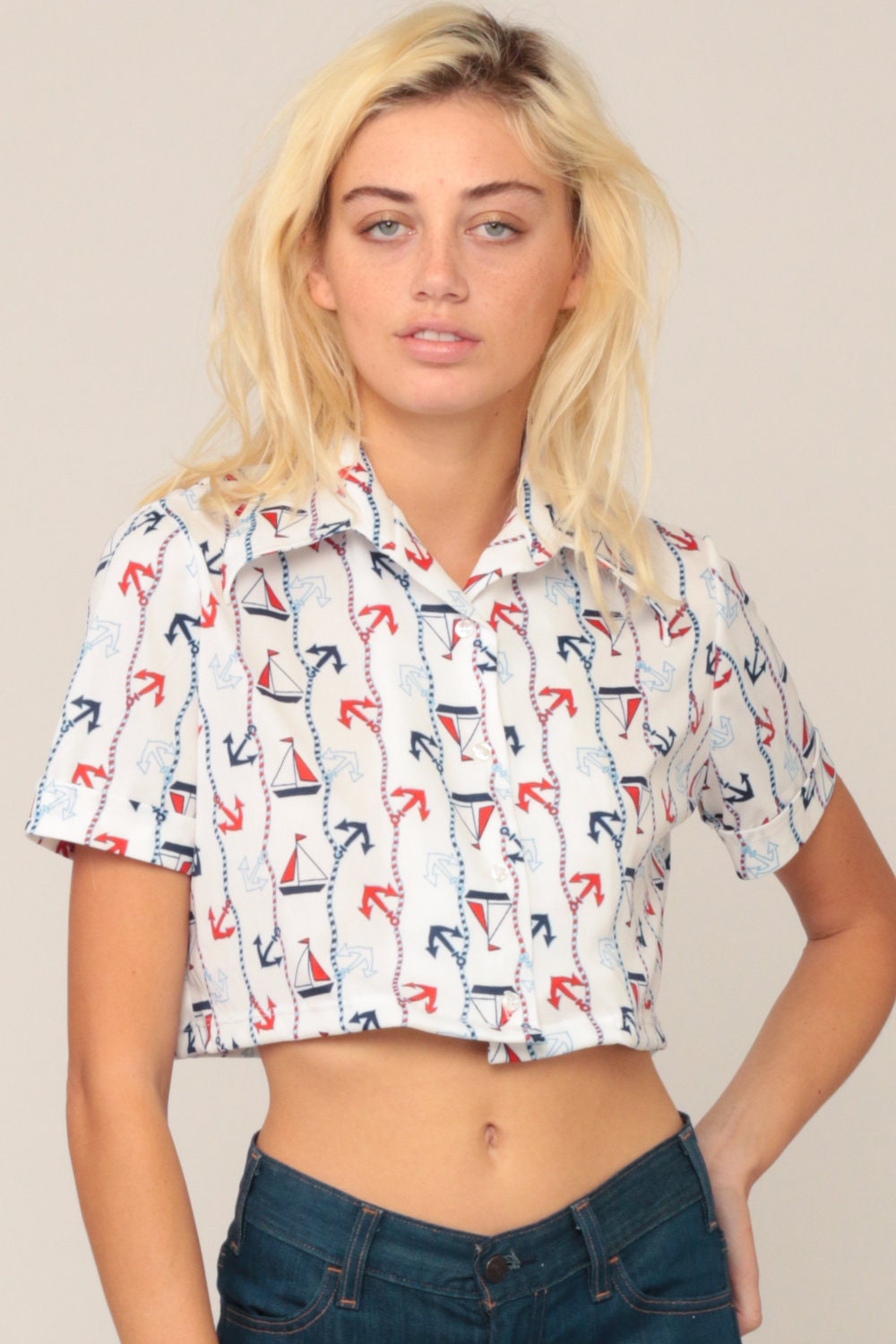 70s Nautical Crop Top White Sailboat Anchor Button-Up Blouse Small Medium