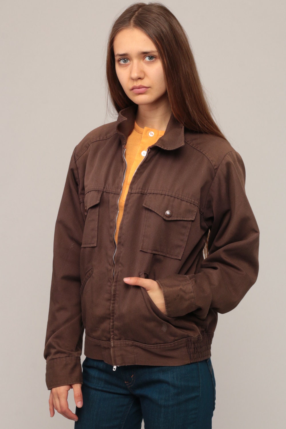 80s Brown Bomber Jacket Fleece Lined Moto Coat Unisex Medium Large