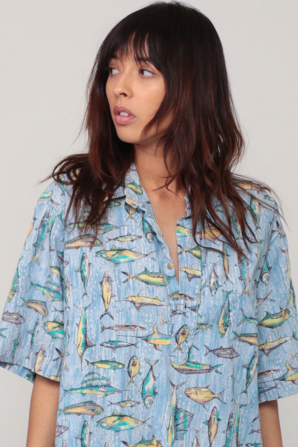 90s Fish Print Button Up Shirt Unisex Beach Novelty Blue Extra Large