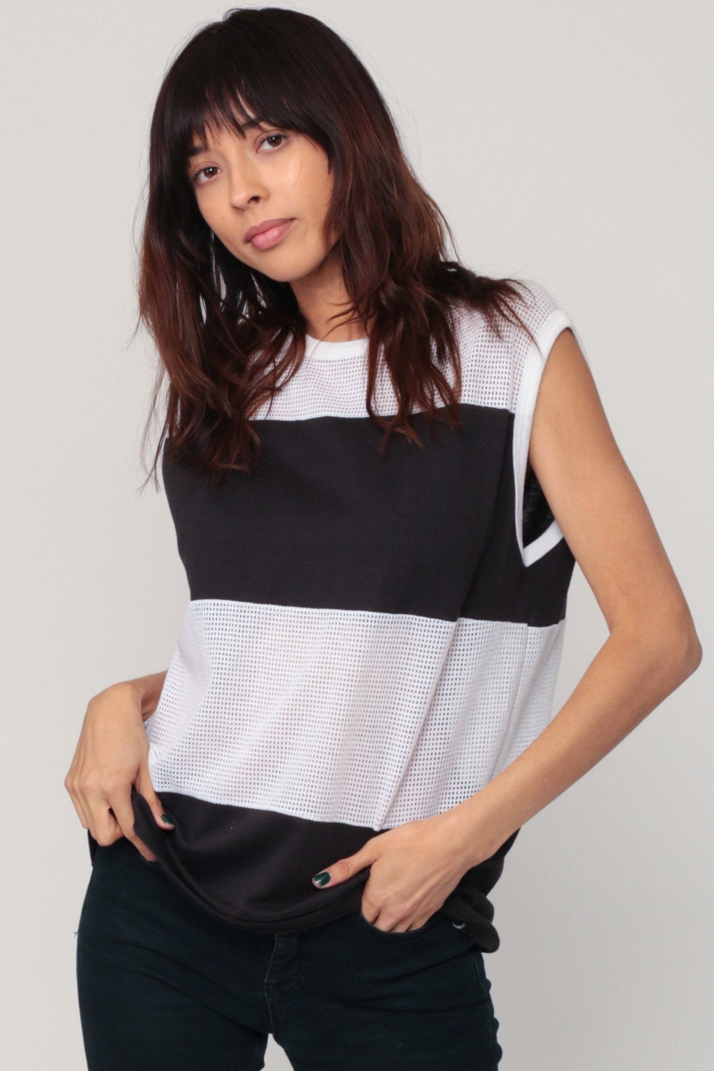 80s Mesh Tank Top Sheer Striped Black White Sleeveless Extra Large