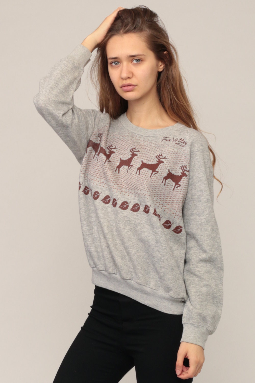 80s Deer Graphic Sweatshirt Unisex Pullover Cotton Blend Medium
