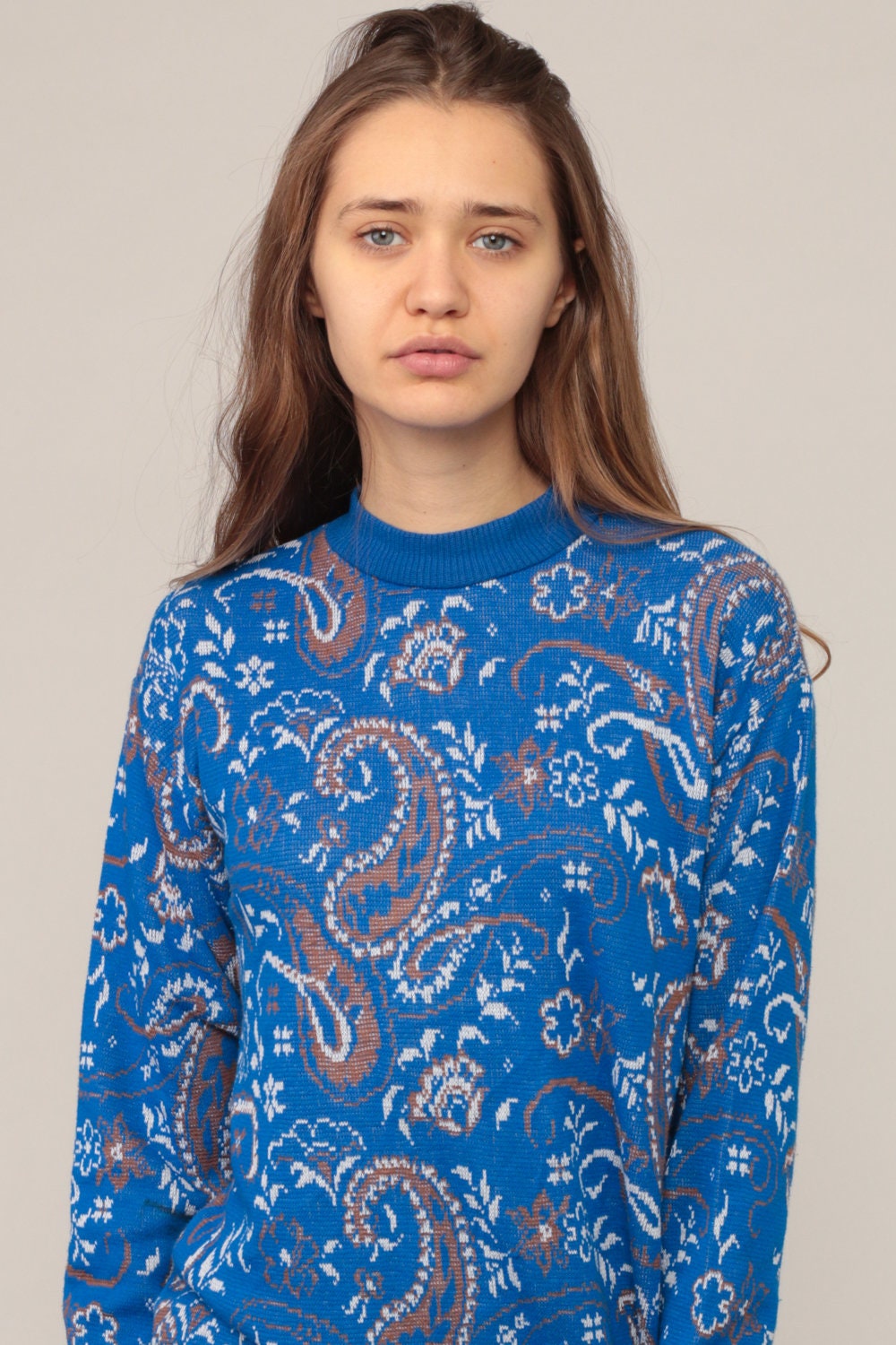 70s Paisley Print Pullover Sweater Blue Small