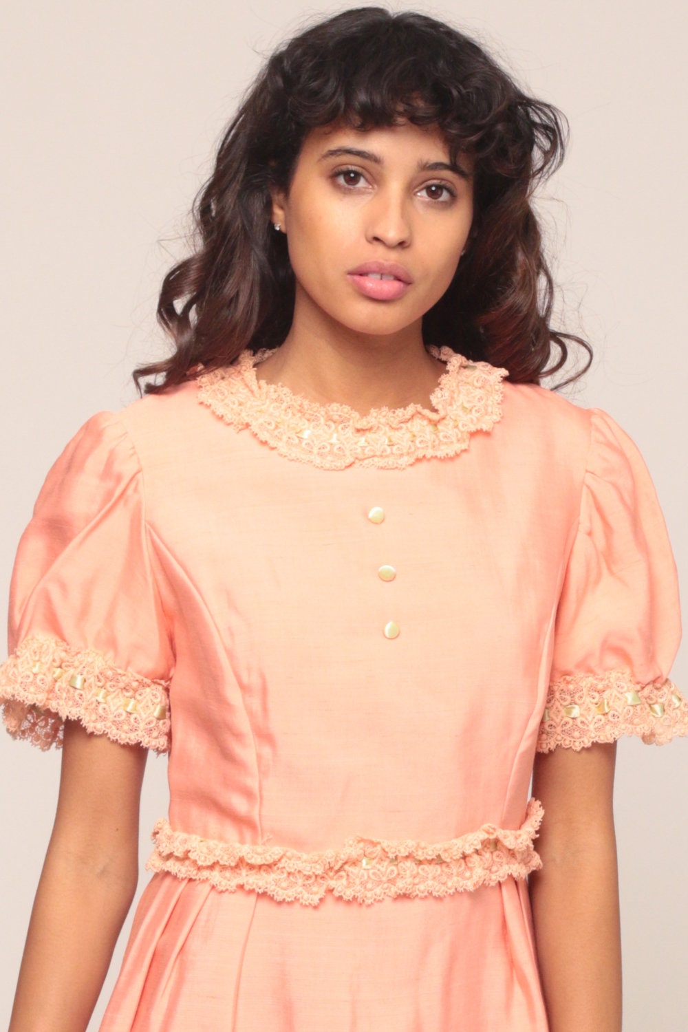 60s Pink Mini Dress Puff Sleeve Bow Back Lace Trim Small