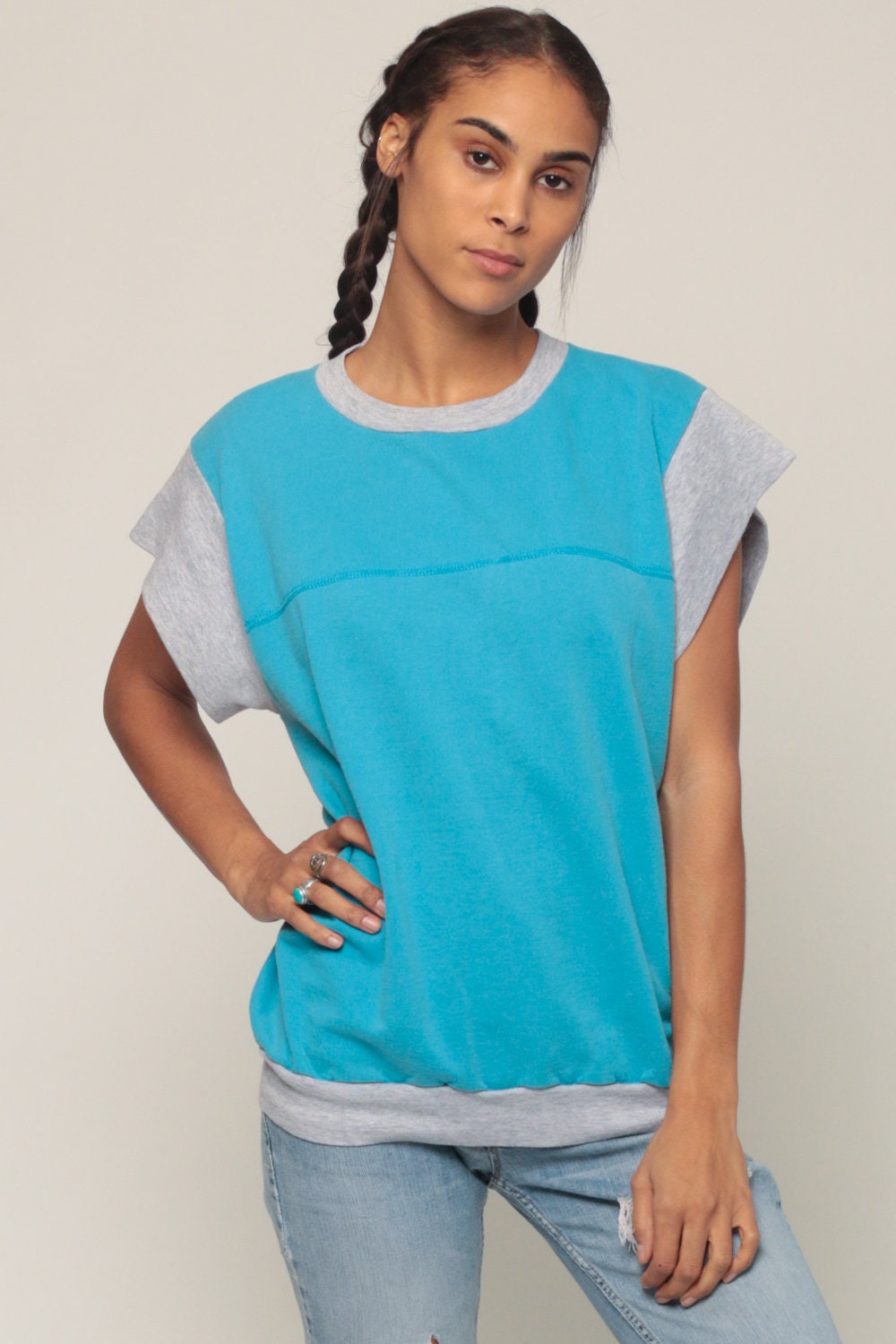 80s Turquoise Ringer Sweatshirt Short Sleeve Slouchy Crewneck Extra Large XXL