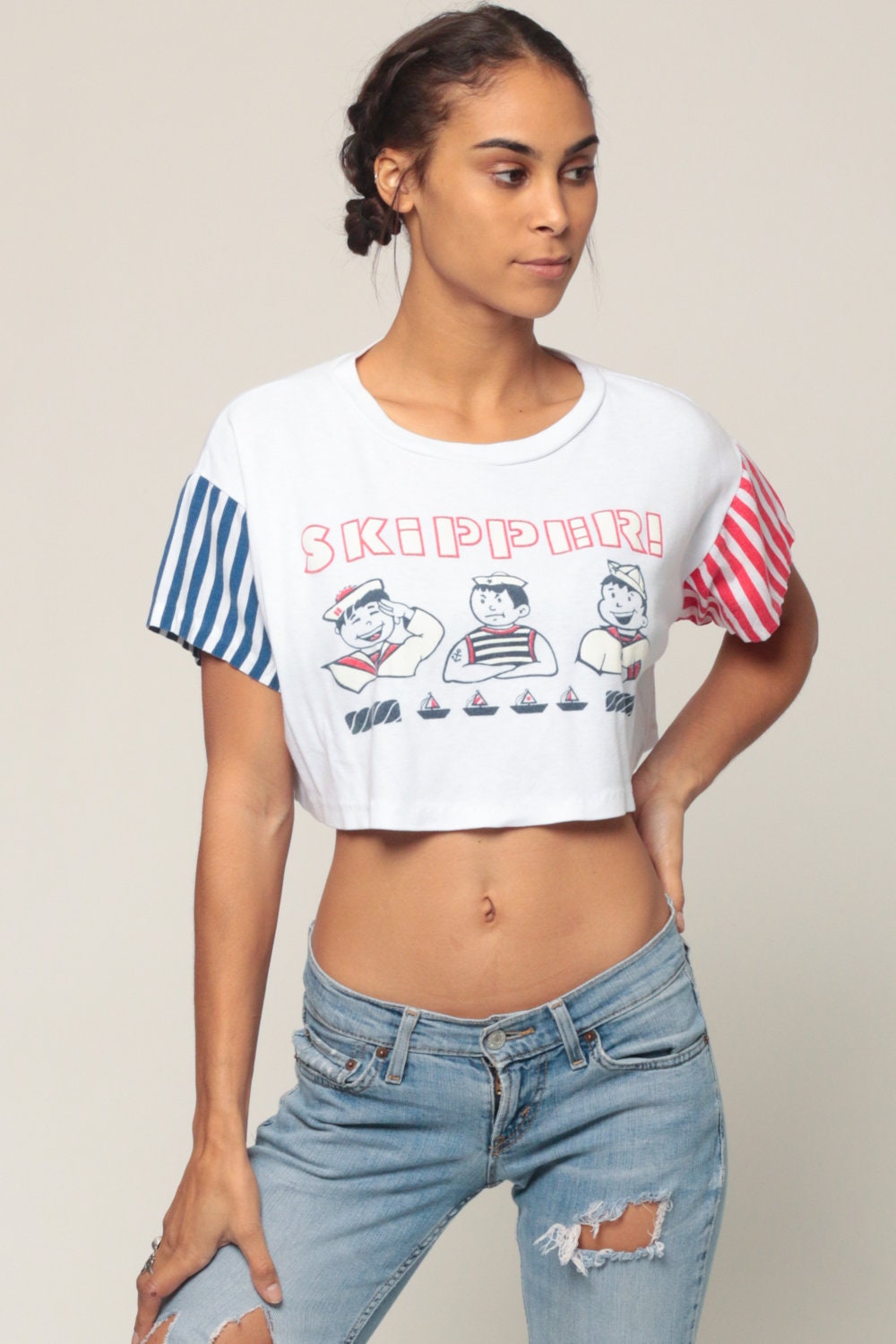 90s Sailor Graphic Crop Top Red White Blue Striped T-Shirt Medium Large