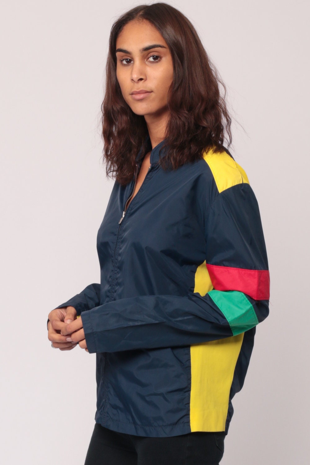 70s Roffe Windbreaker Jacket Navy Striped Lightweight Unisex Extra Small