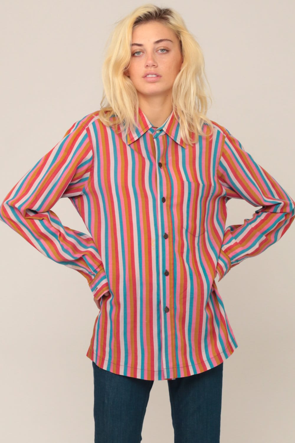 70s Striped Long Sleeve Button Up Blouse Rainbow Print Medium Large