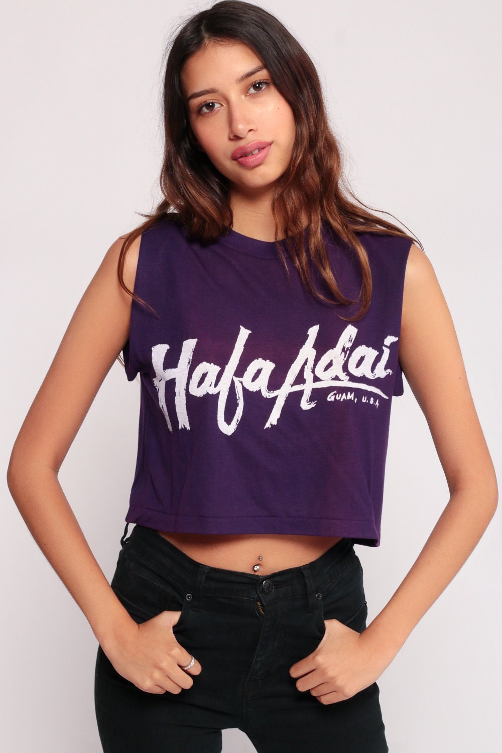 80s Hafa Adai Guam Graphic Tank Top Crop Purple Cotton Small Medium