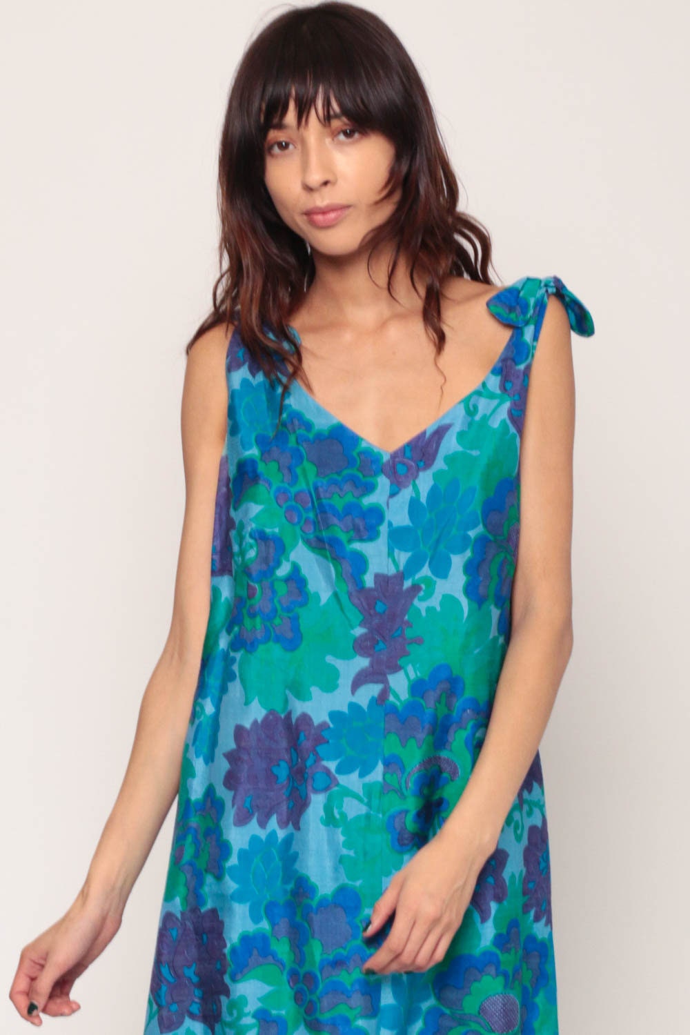 1970s Floral Maxi Dress Blue Green V-Neck Sleeveless Tie Shoulder Extra Large