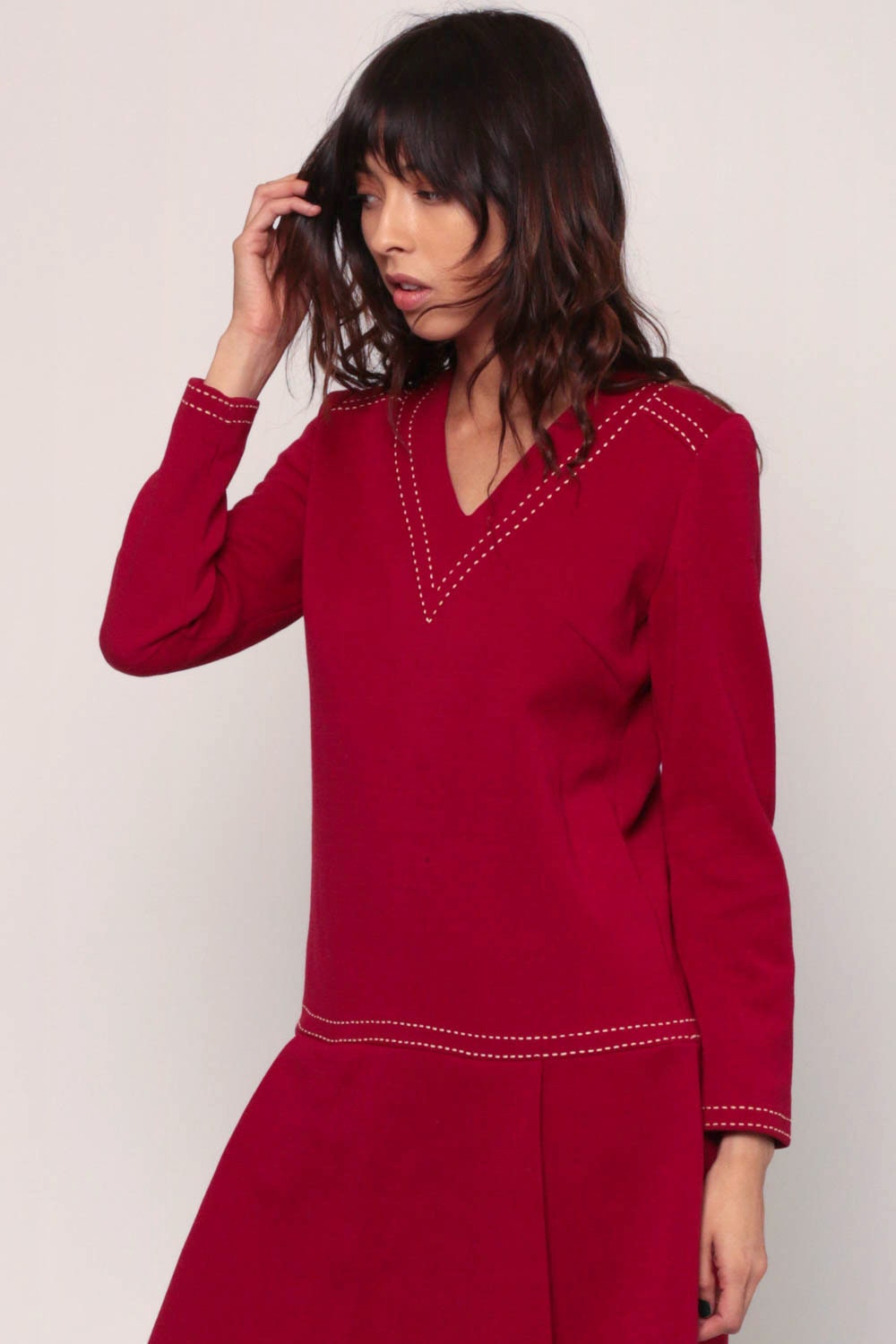 1970s Mod Mini Dress Wool Blend Red Drop Waist Long Sleeve Medium