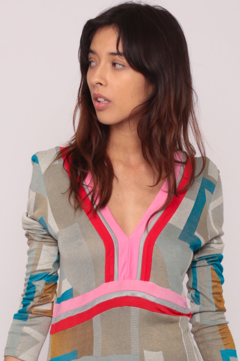 90s Geometric Colour Block Empire Waist Mini Dress Long Sleeve Deep V Grey Small