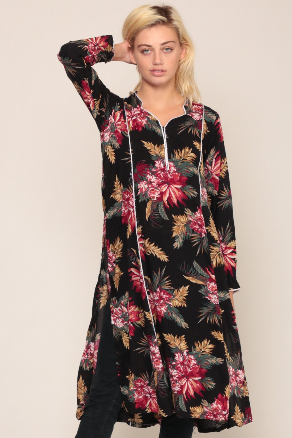 90s Black Floral Tunic Dress High Side Slit Long Sleeve Midi Large