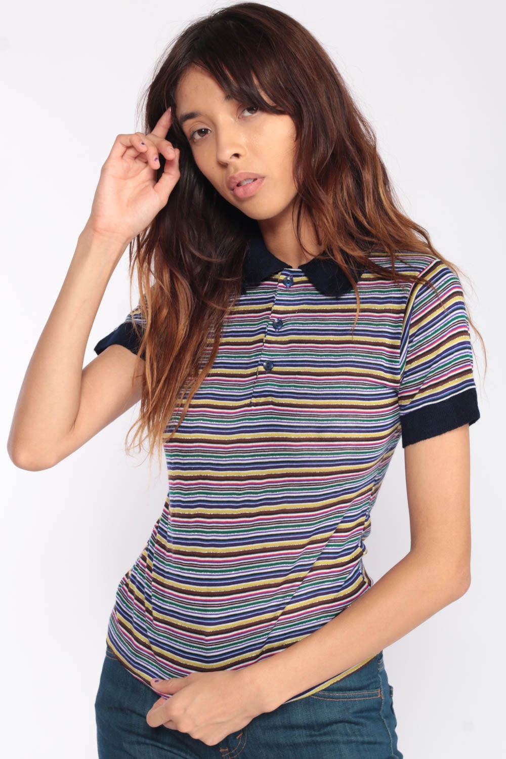 80s Rainbow Striped Polo Shirt Gold Metallic Half Button Short Sleeve Extra Small