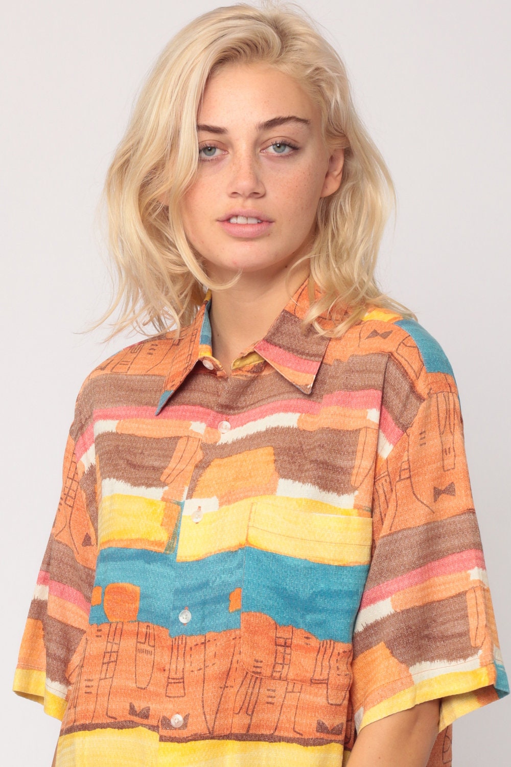 90s Tropical Striped Button-Up Shirt Orange Resort Unisex Medium Large