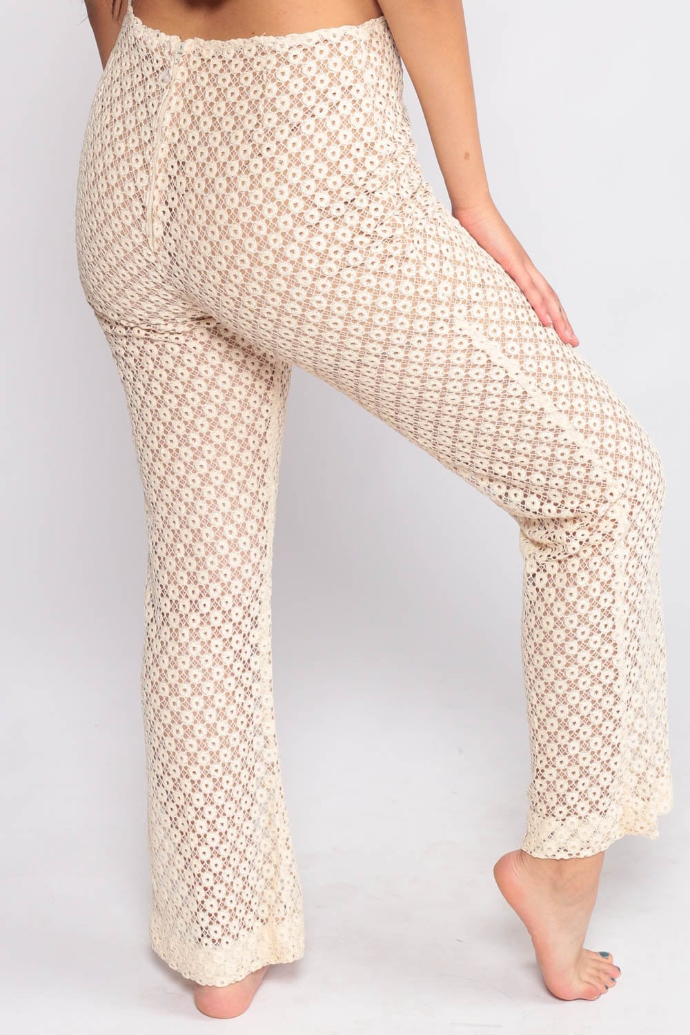 70s Cream Lace Cutout Bell Bottom Pants High Waisted Small Medium