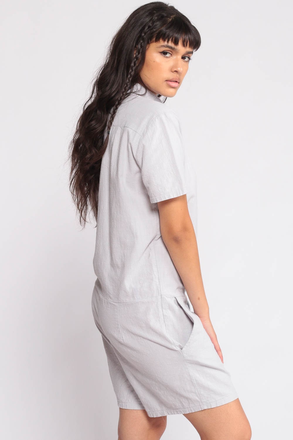 80s Grey Cotton Romper Playsuit Zip Front Pockets Short Sleeve Medium