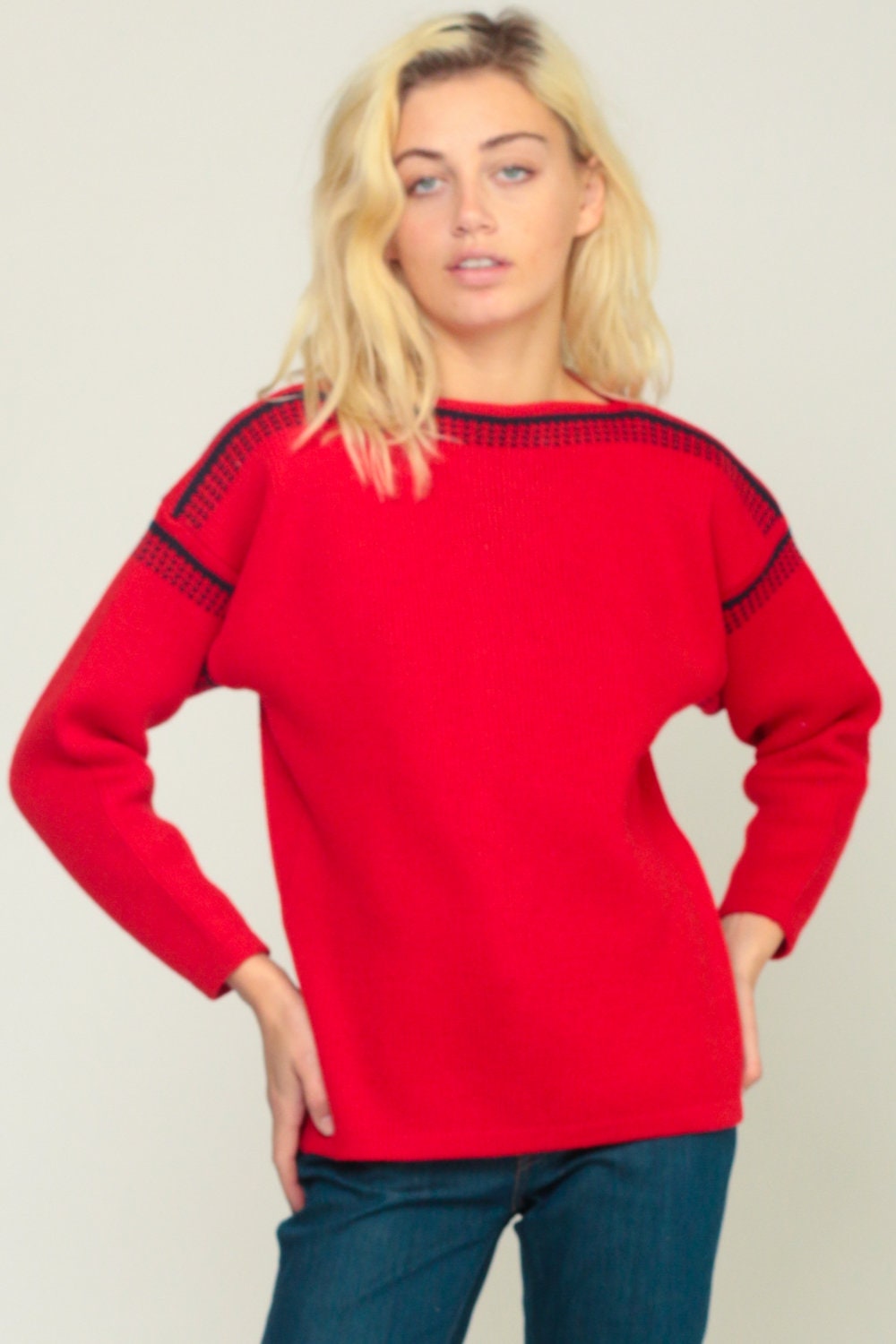 70s Red Boatneck Knit Sweater Pullover Jumper Medium Large