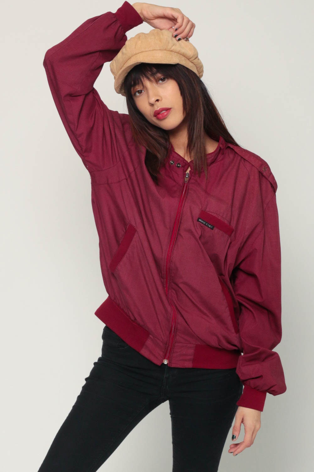 80s Members Only Burgundy Bomber Jacket Epaulette Windbreaker Extra Large