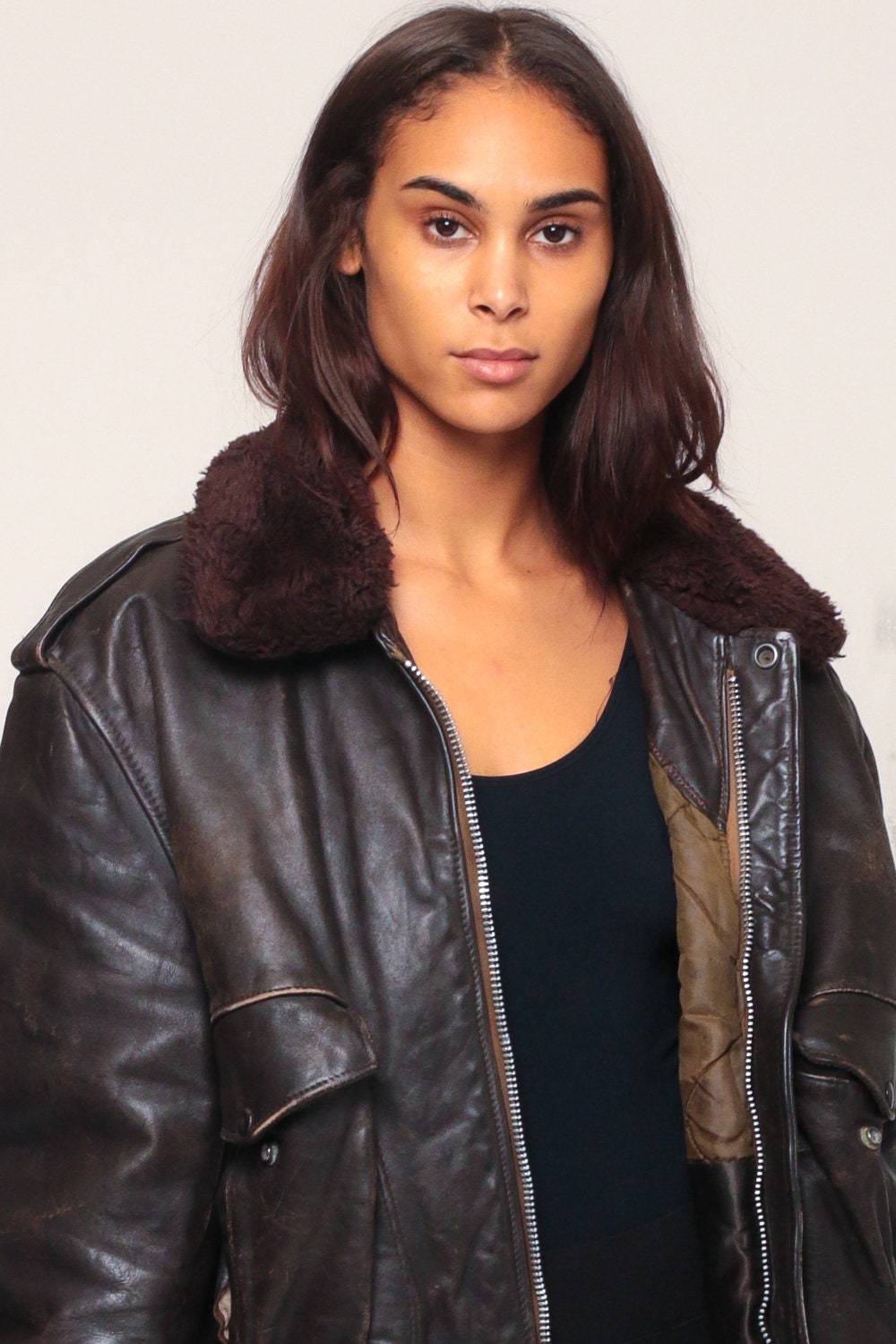 80s Brown Leather Bomber Jacket Faux Fur Collar Unisex Large