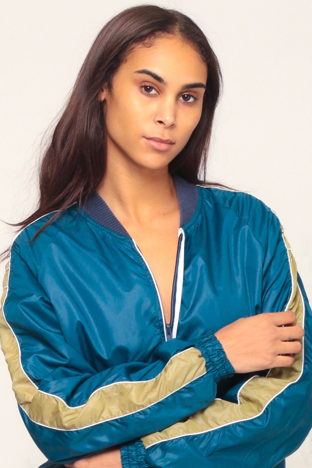 80s Blue Striped Bomber Jacket Nylon Zip-Up Small Medium