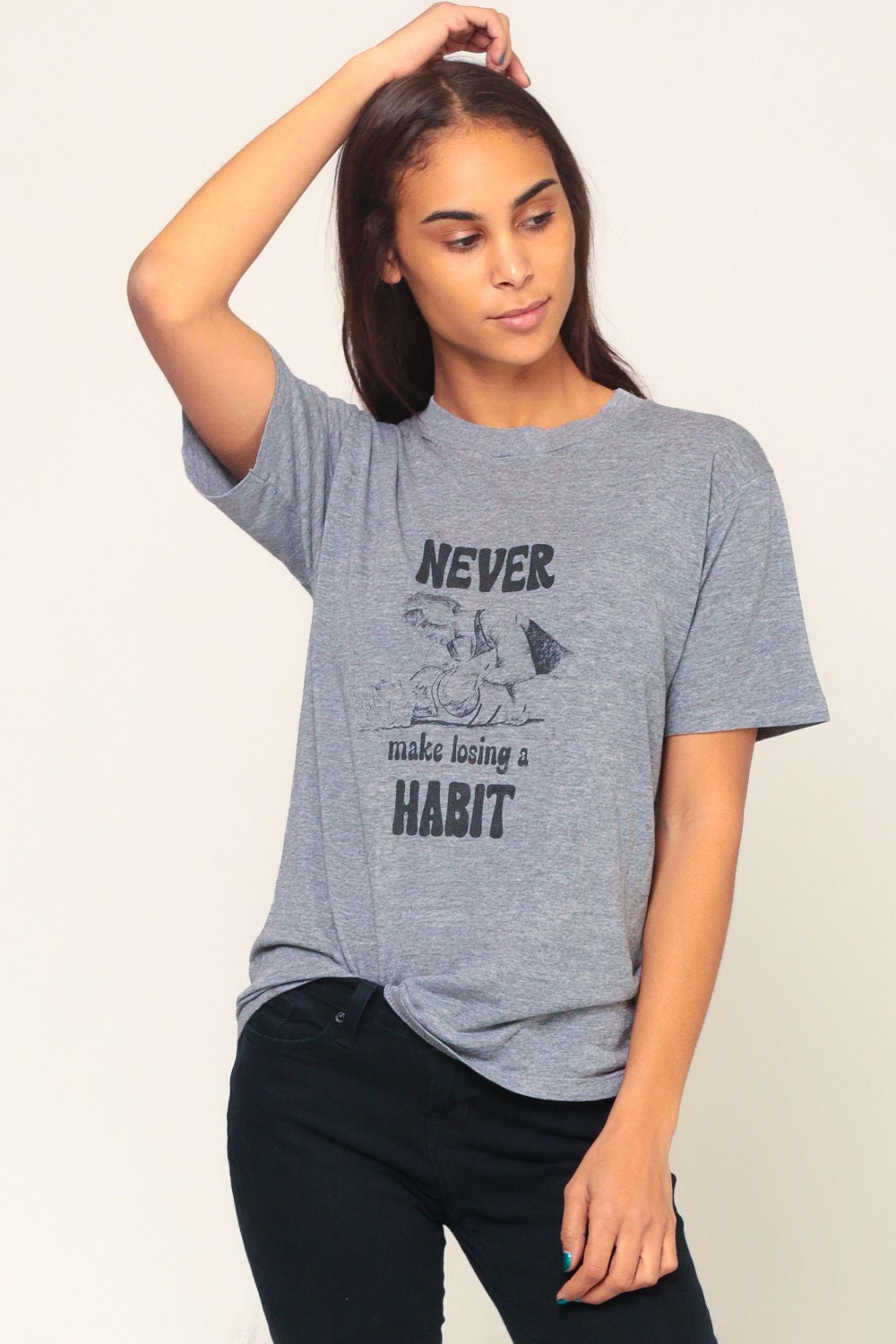 80s Wrestling Graphic T-Shirt Never Make Losing A Habit Grey Medium