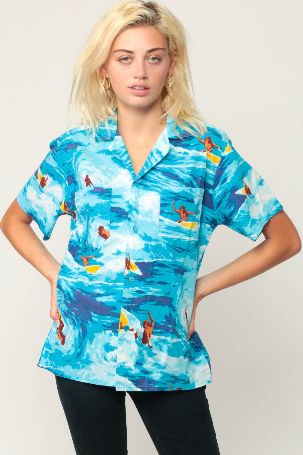 80s Hawaiian Surfer Shirt Button Up Tropical Print Blue Unisex Medium Large