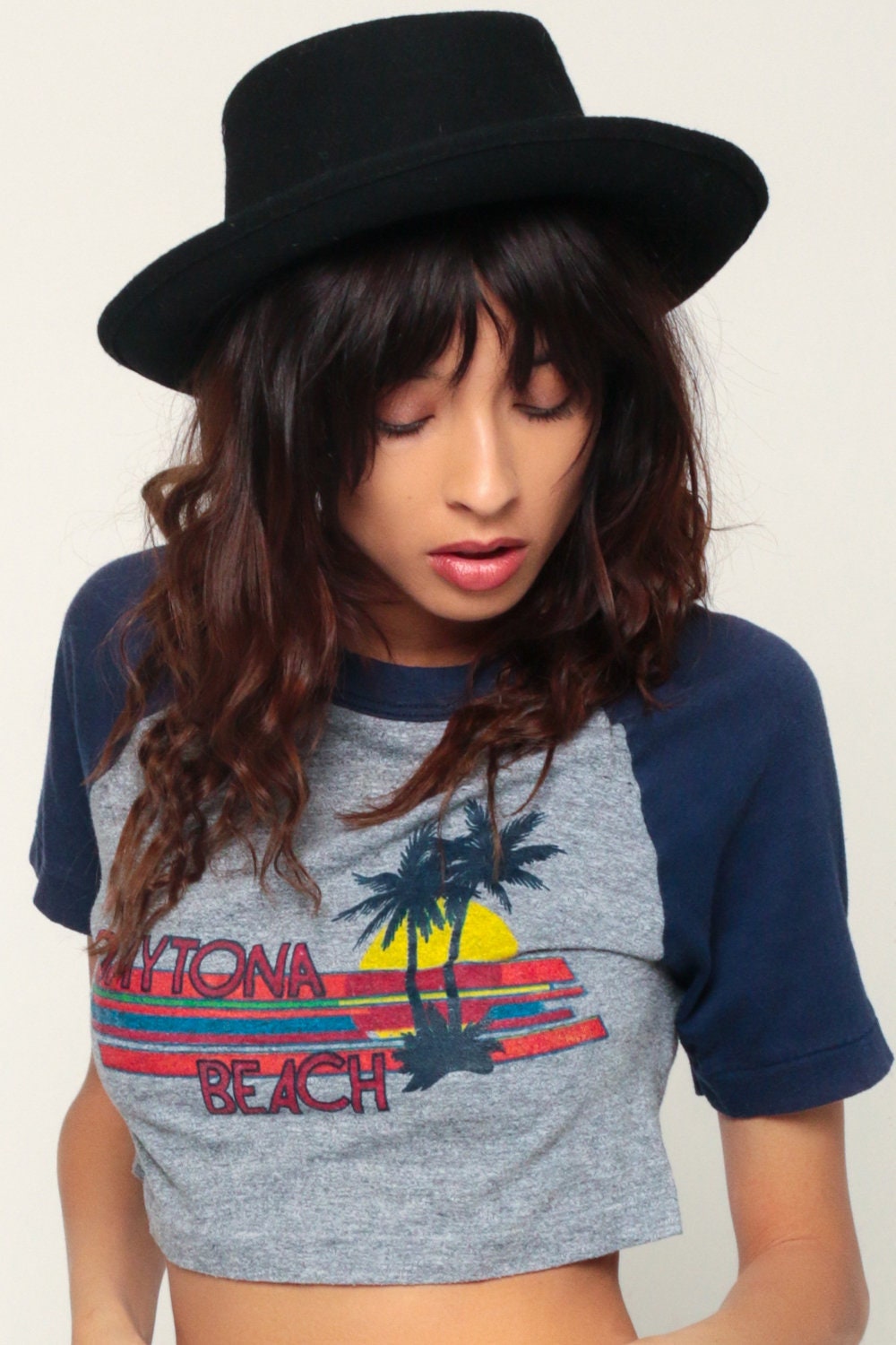 90s Daytona Beach Ringer Tee Crop Top Raglan Sleeve Grey Small
