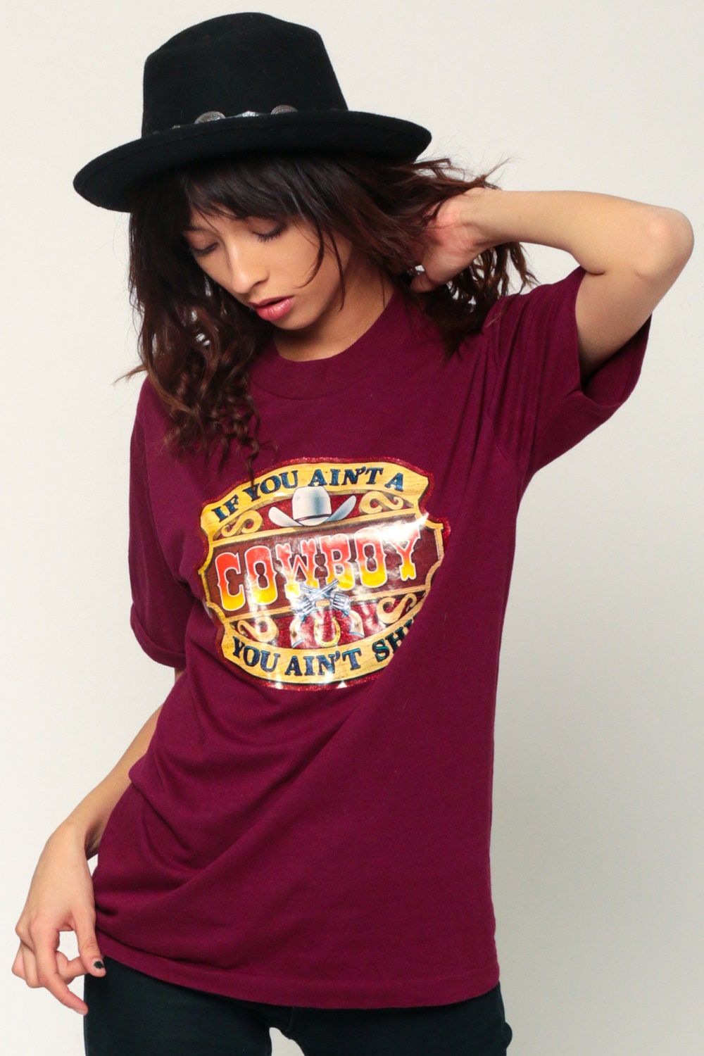 80s Cowboy Graphic T-Shirt Iron On Burgundy Unisex Large