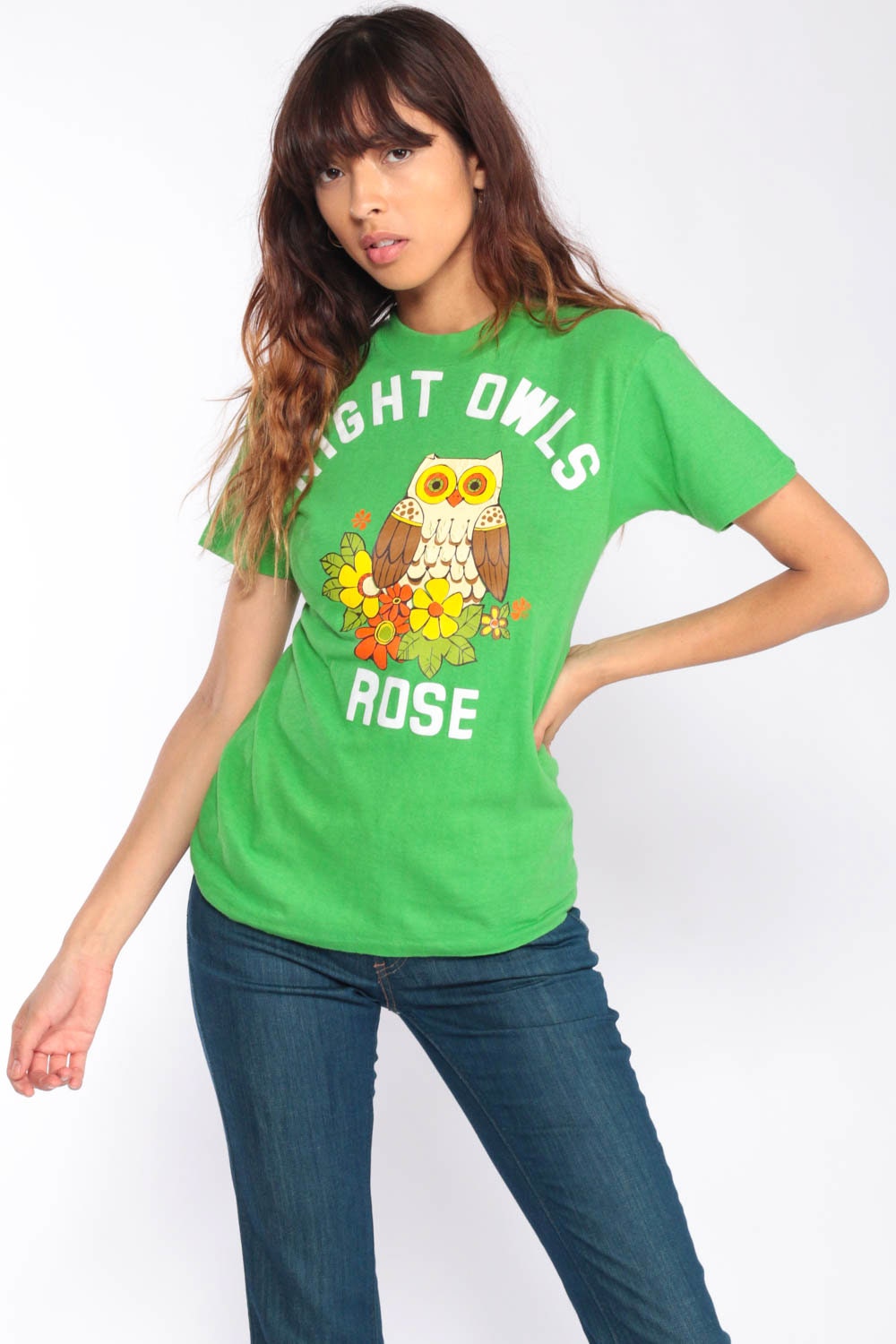 70s Night Owls Rose Owl Graphic T-Shirt Green Extra Small