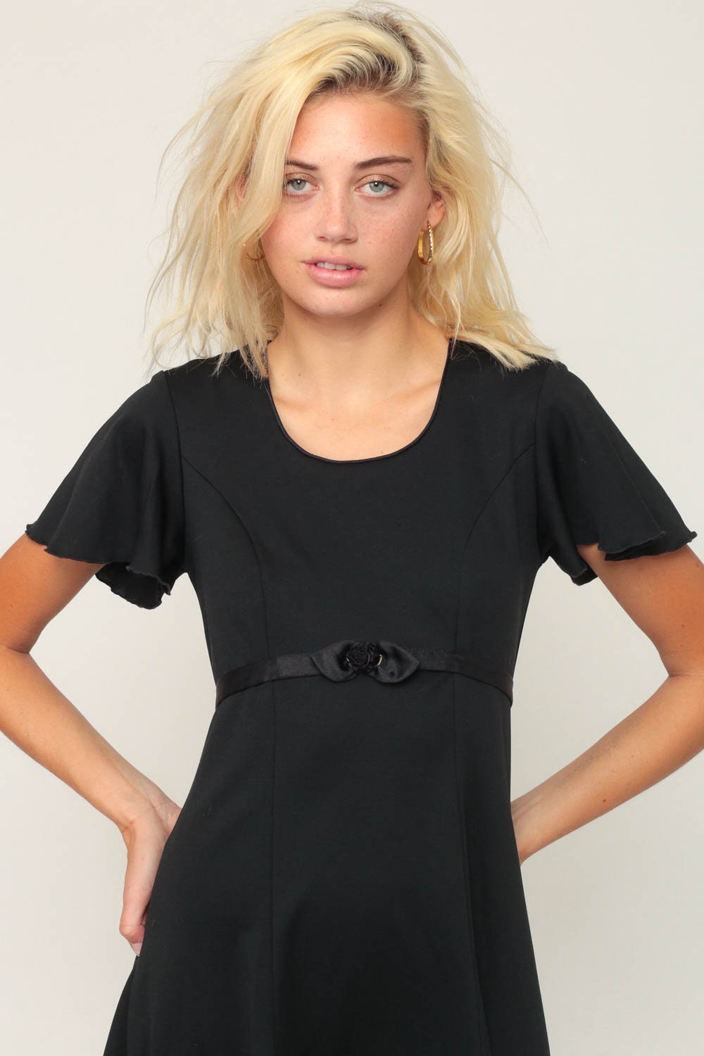 80s Black Mini Dress Flutter Sleeve Shift Rosette Waist Extra Small XS