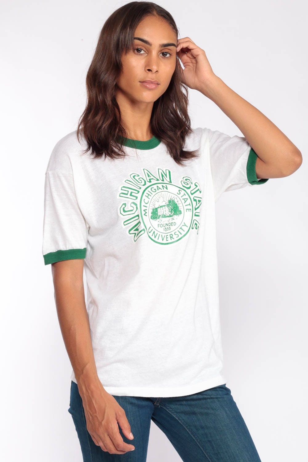 80s Michigan State University Ringer Tee Graphic Print Burnout Large