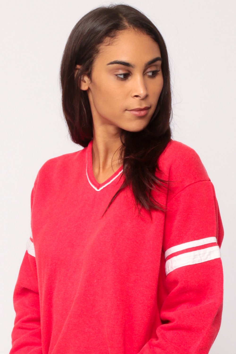 80s Red Striped V-Neck Sweatshirt Long Sleeve Pullover Small Medium