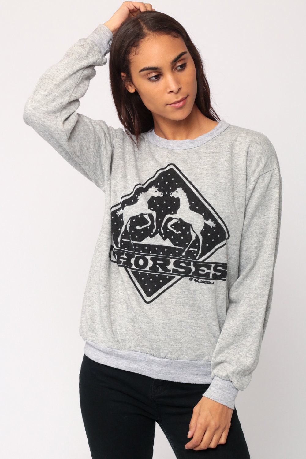 80s I Heart Horses Graphic Sweatshirt Grey Unisex Crewneck Medium