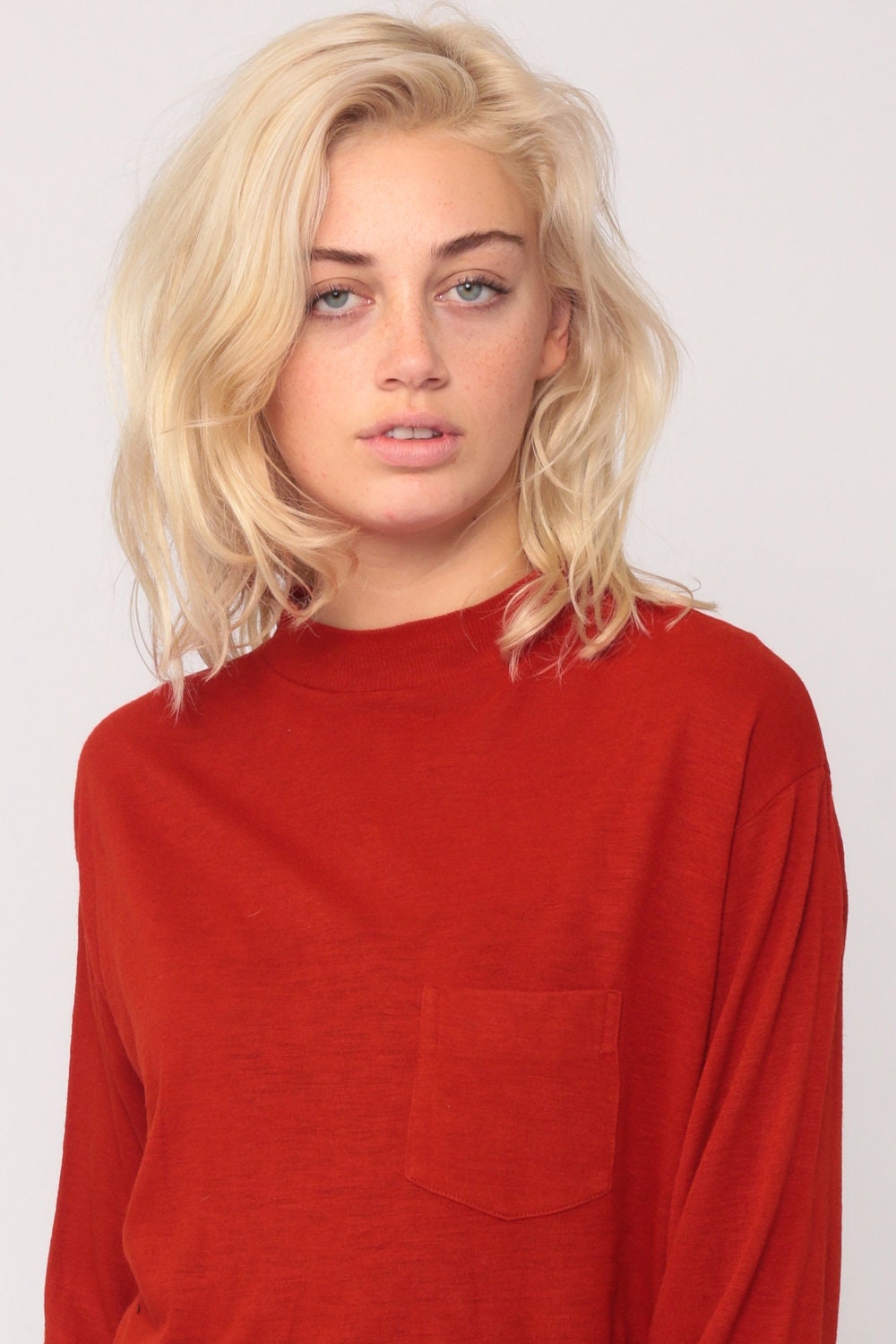 80s Orange-Red Burnout Long Sleeve T-Shirt Pocket Tee Large