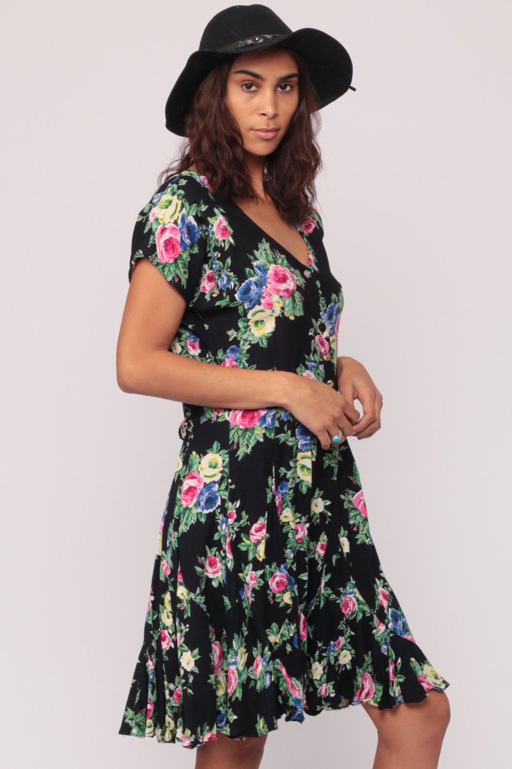 90s Black Floral Rayon Mini Dress Drop Waist Button Front Medium