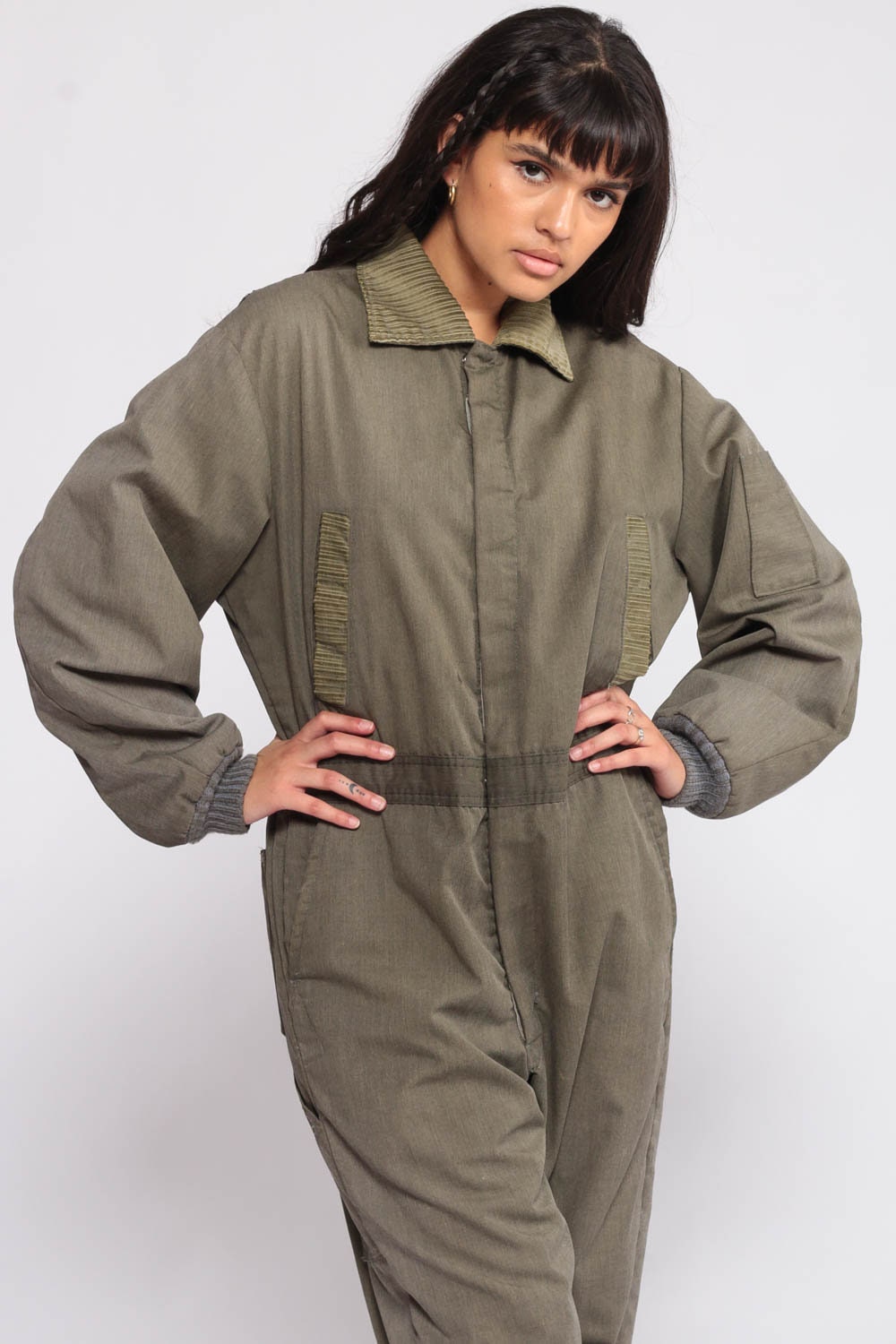80s Sears Insulated Coveralls Jumpsuit Olive Green Zip Front Lined Medium Large