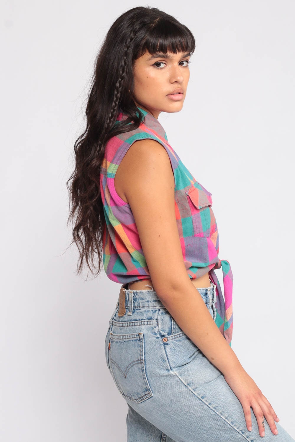 90s Plaid Crop Blouse Sleeveless Button-Up Tie Waist Pink Turquoise Medium