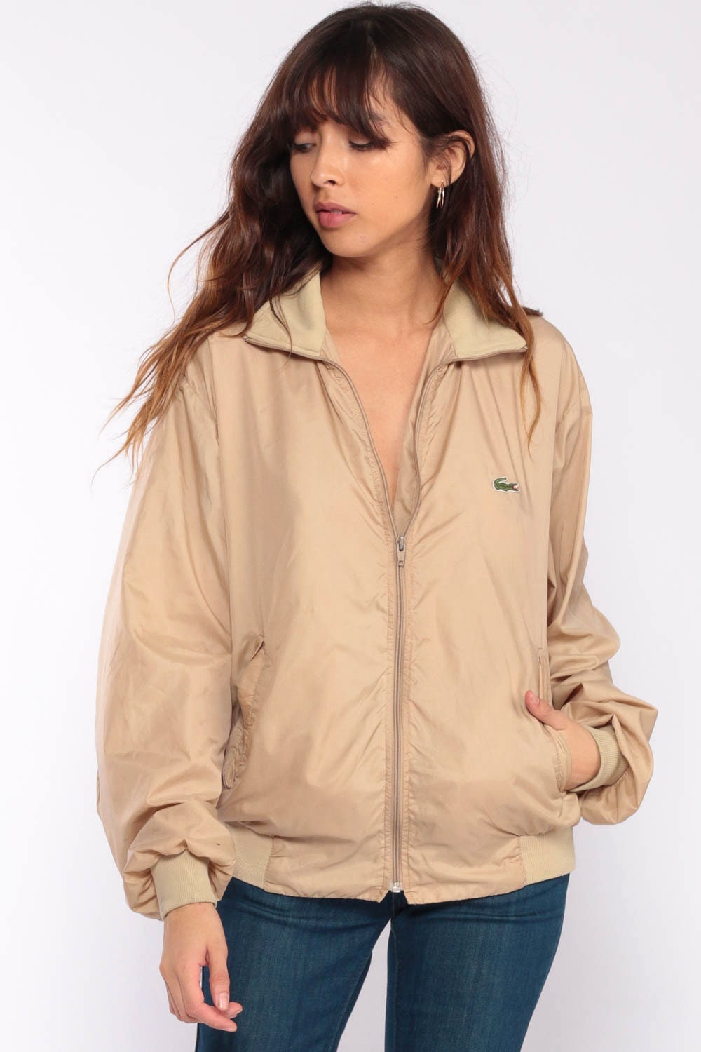 80s Lacoste Tan Windbreaker Jacket Crocodile Zip Bomber Large