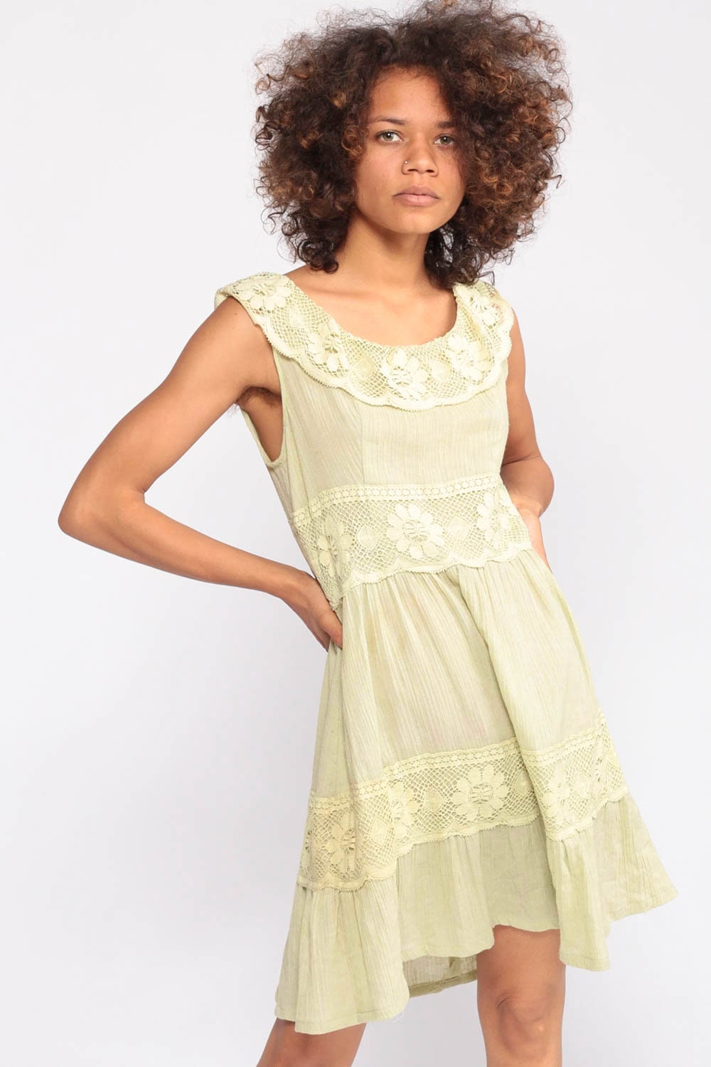 70s Pale Green Gauze Mini Dress Lace Trim High Waist Tiered Small