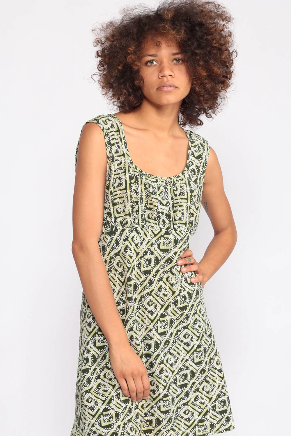 90s Babydoll Dress Tribal Print Empire Waist Mini Green Small