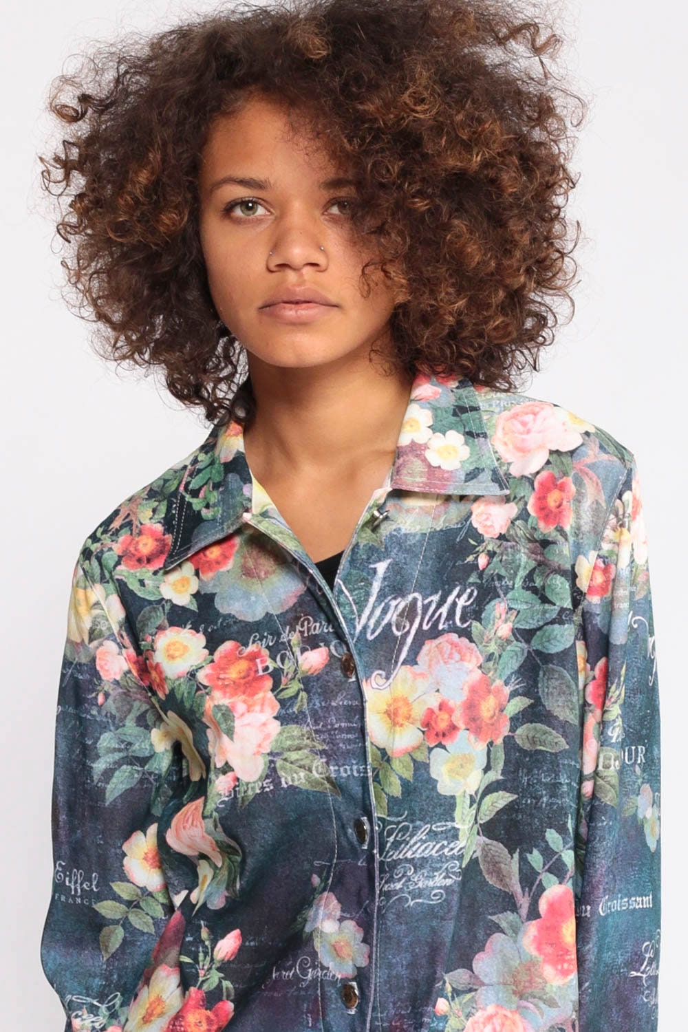 90s Vogue Floral Button-Up Shirt Long Sleeve Blue Extra Small