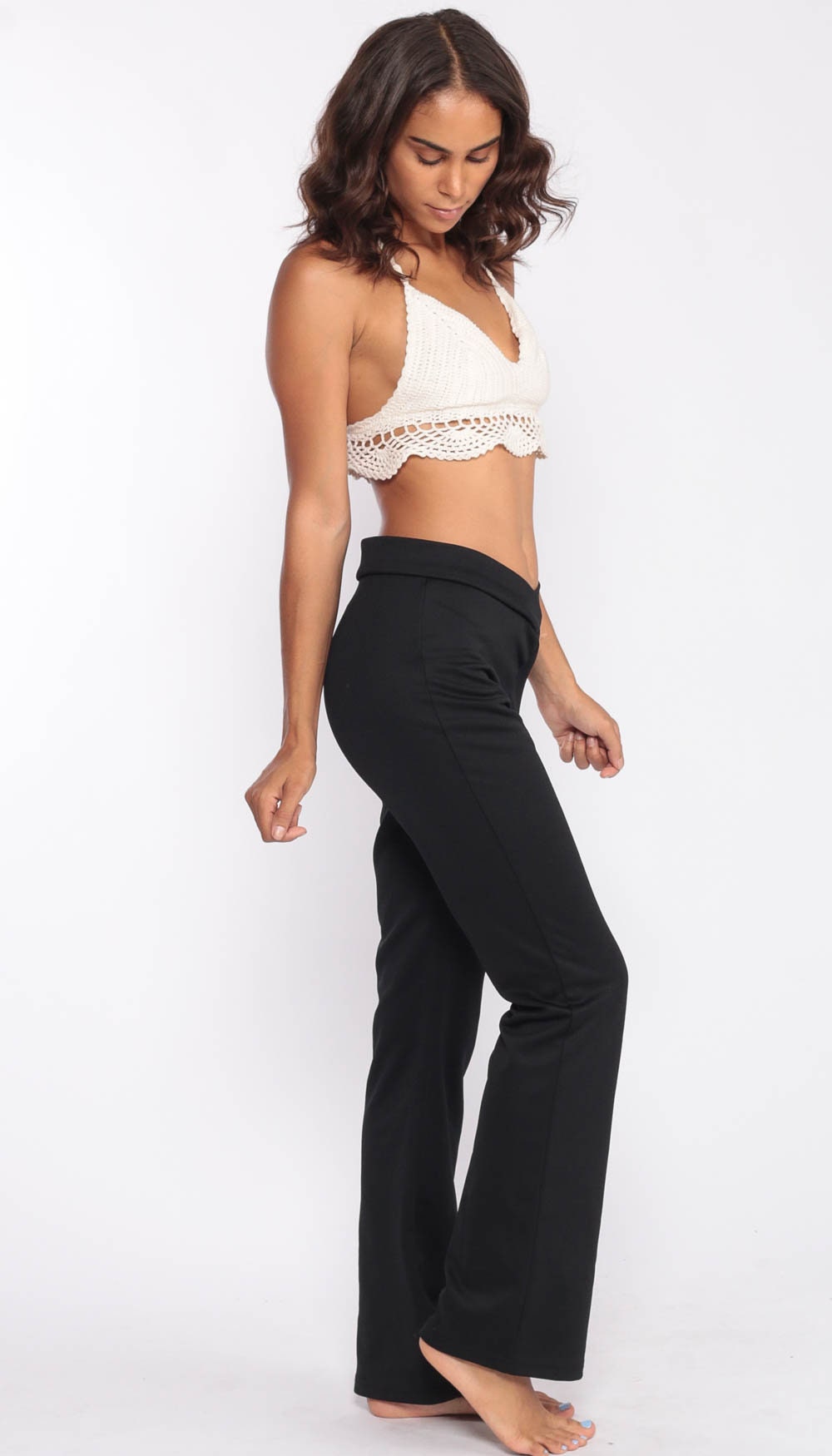 90s Black Bell Bottom Pants V-Waist Flared Trousers Extra Small XS