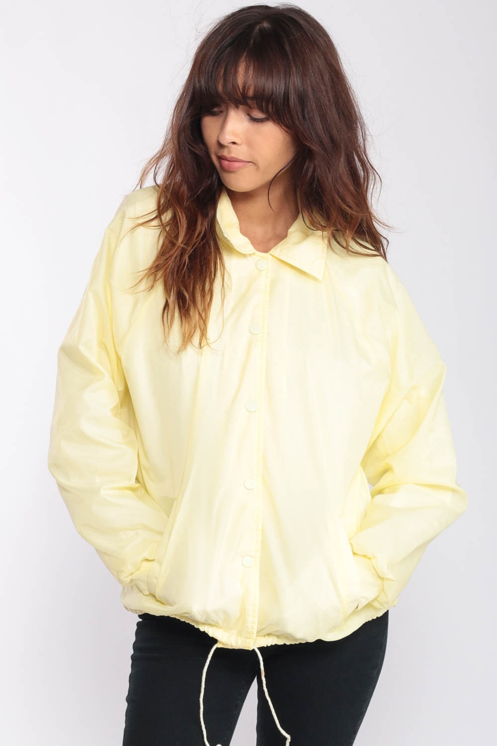 80s Yellow Pastel Windbreaker Jacket Raglan Snap-Up Medium
