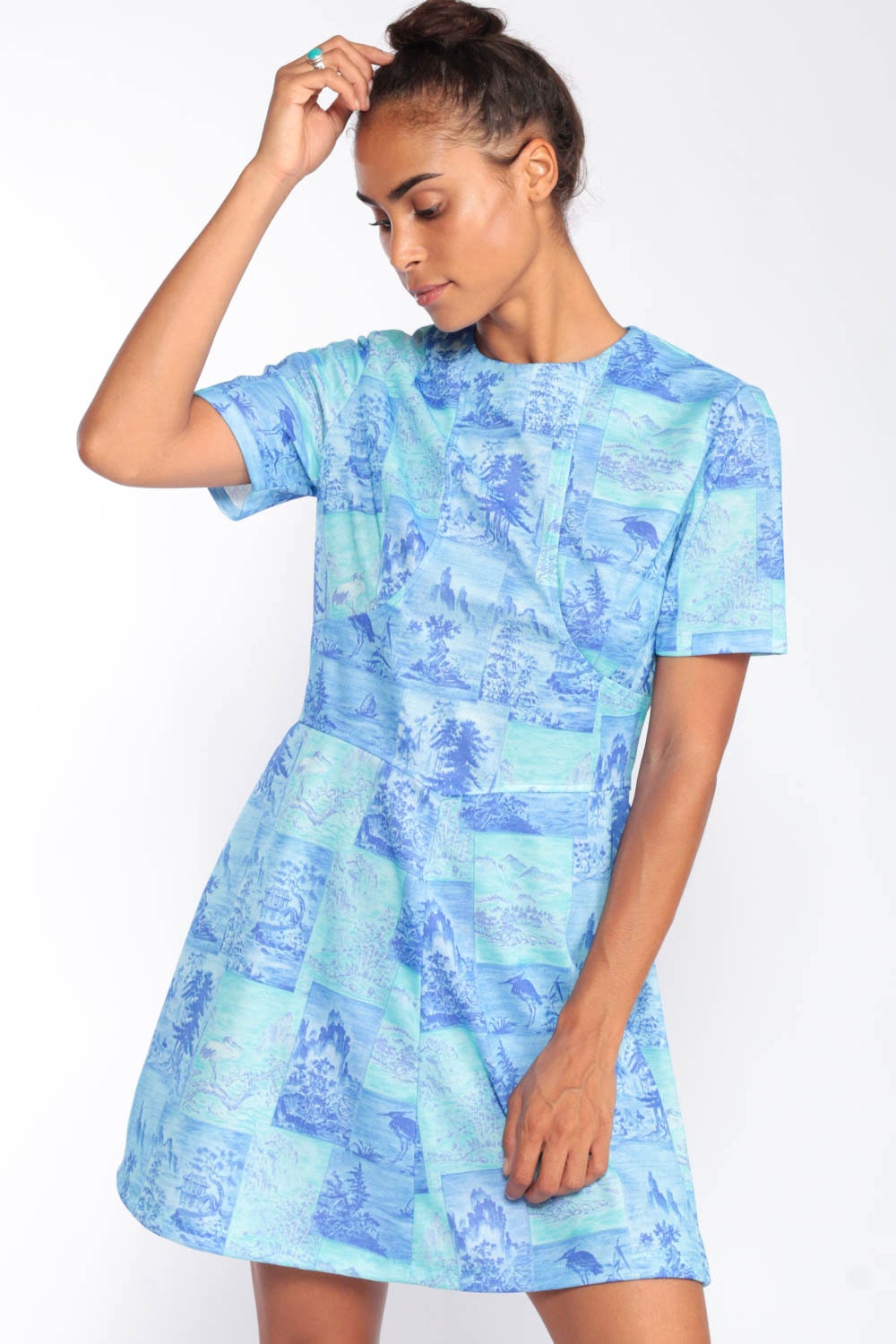 60s Mod Mini Dress Asian Bird Tree Print Blue High Waist Medium
