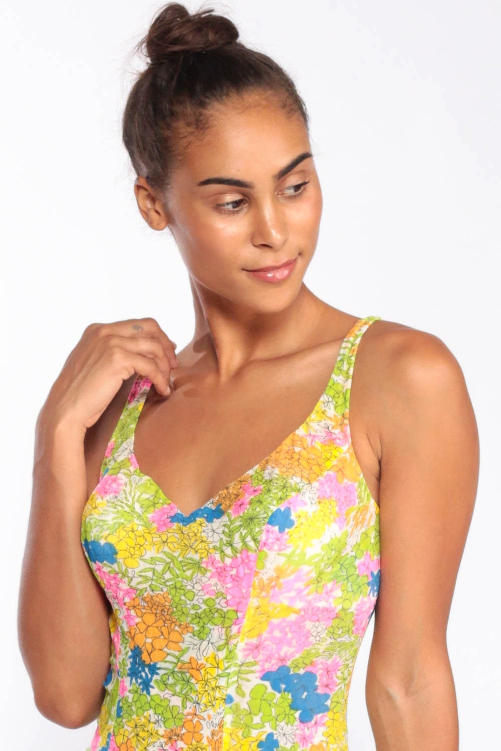 70s Rose Marie Reid Floral One-Piece Swimsuit Skirted Low Back Small Medium