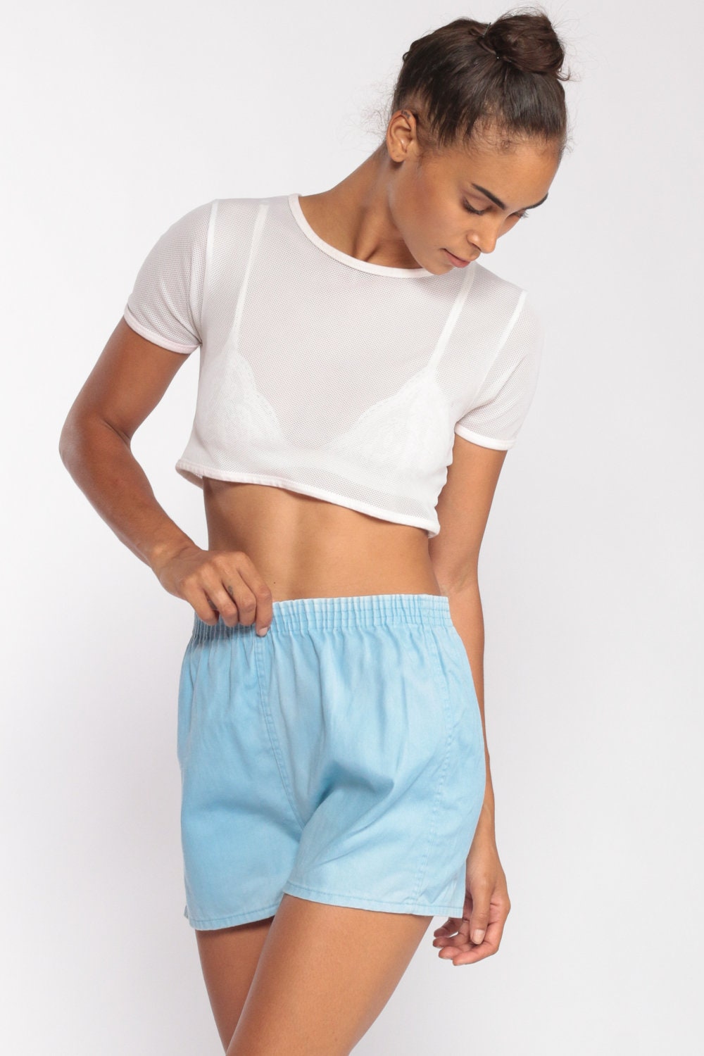 80s Baby Blue Running Shorts High Waist Elastic Denim Small Medium