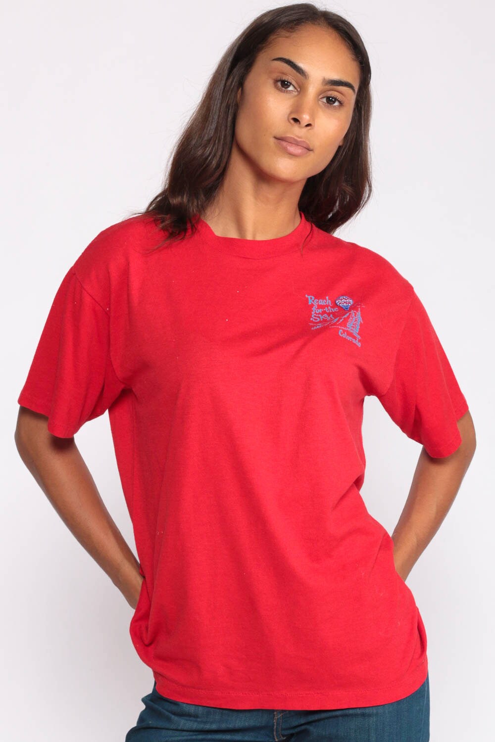 80s Colorado Hot Air Balloon Graphic T-Shirt Red Reach For The Sky Extra Large