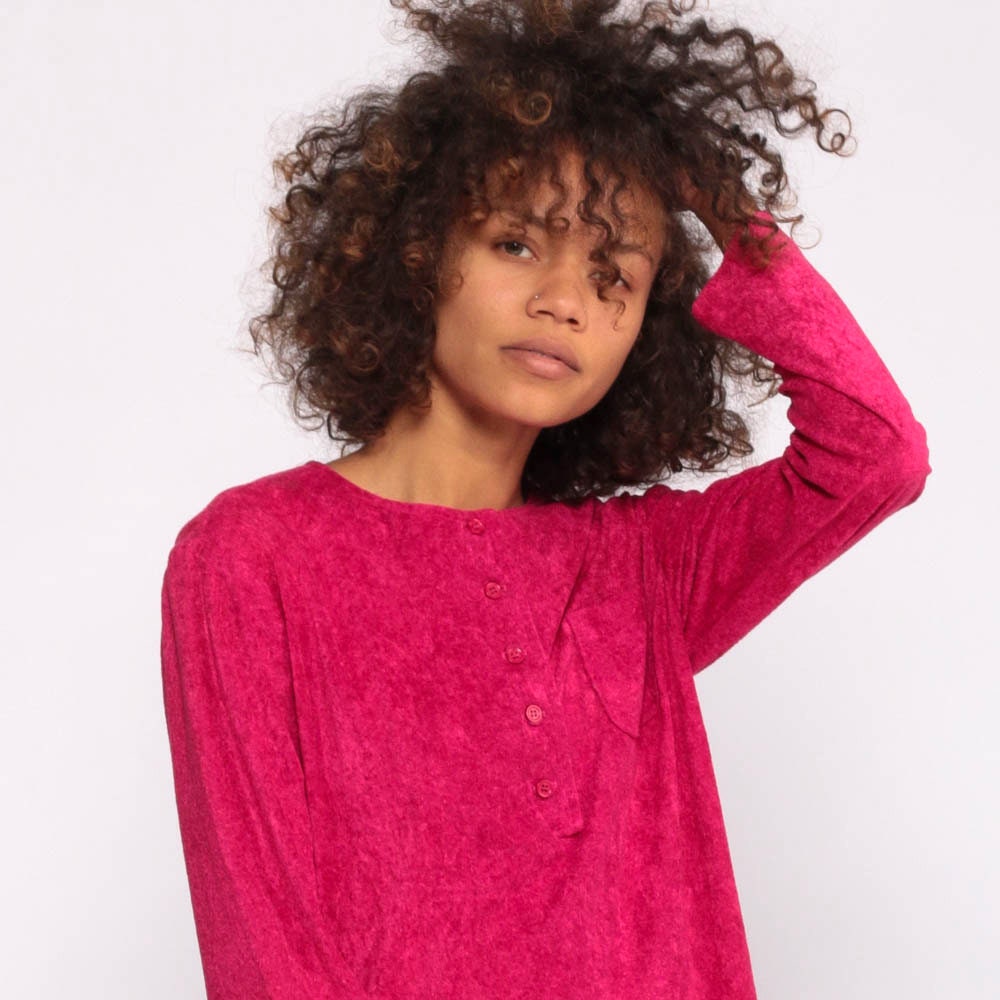 80s Hot Pink Terry Cloth Mini Dress Button Front Long Sleeve Shift Small