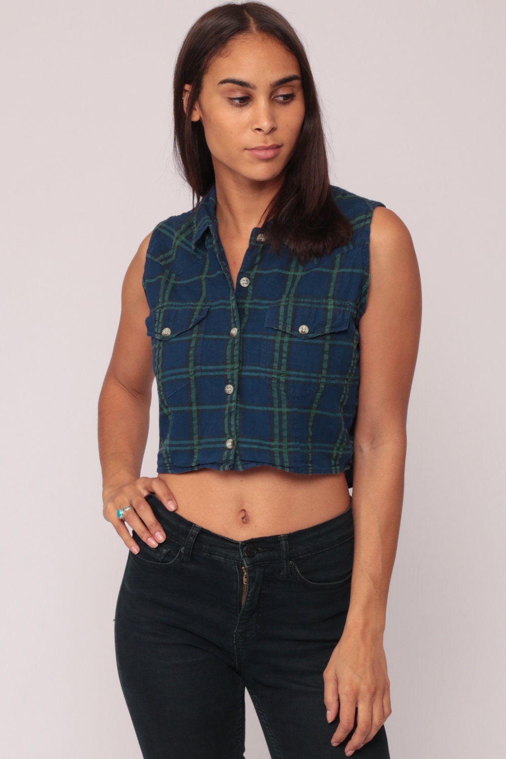 90s Blue Plaid Flannel Sleeveless Shirt Keyhole Backless Button Up Large