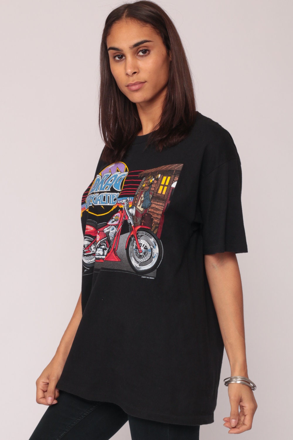 90s Drag Specialties Motorcycle Graphic T-Shirt Black Biker Unisex Large